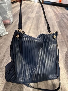 Navy Pleated Shoulder Tote Bag